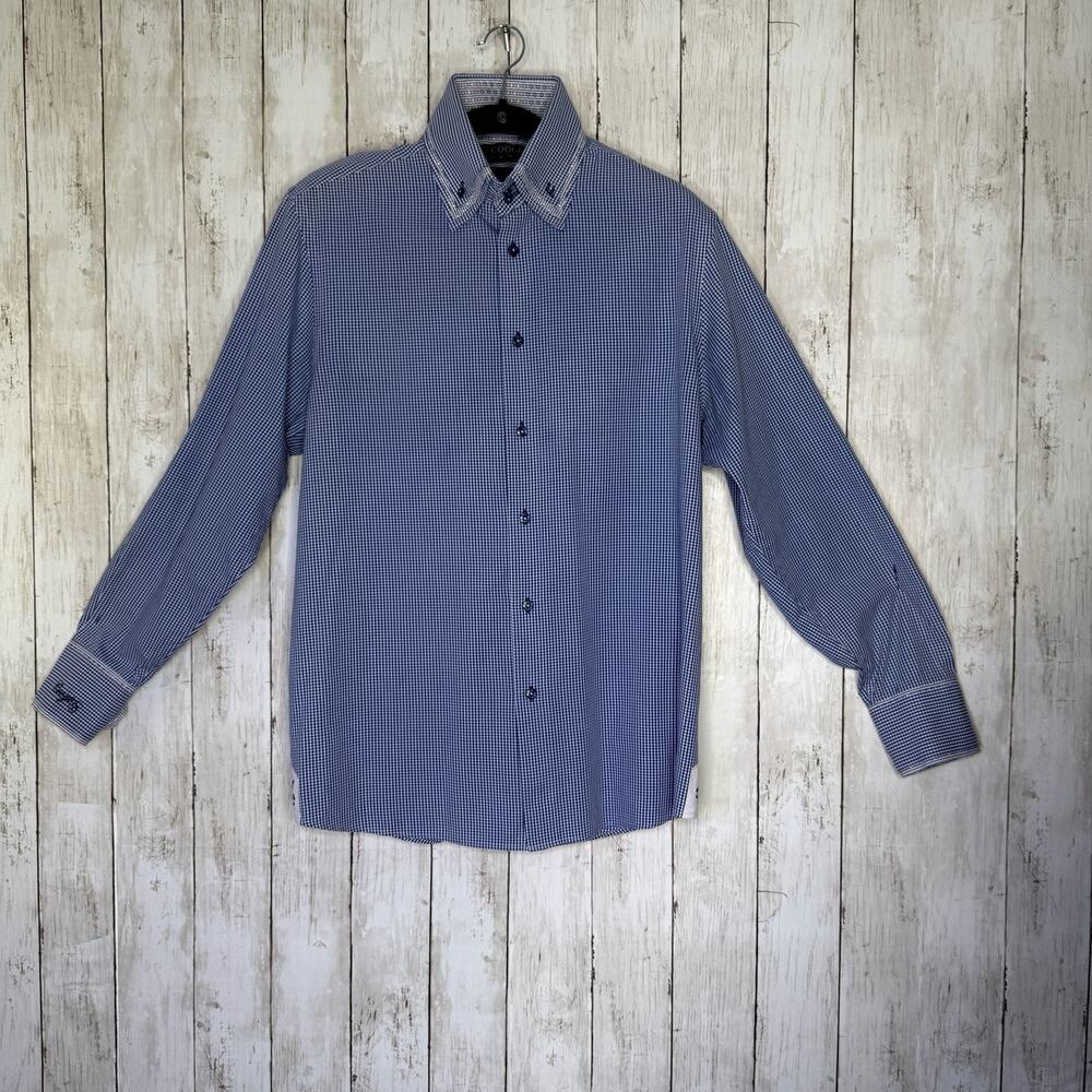 COOGI Luxe Blue White Gingham Check Long Sleeve Button Down Dress Shirt